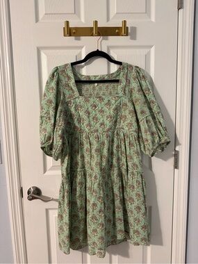 Anna Cate Square-Neck Puff Sleeve Mint Floral Baby Doll Dress